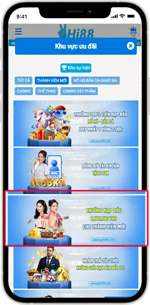 Bước 2: Tìm khuyến mãi " THƯỞNG NẠP ĐẦU 8,888,000 VND CHO THÀNH VIÊN MỚI". "